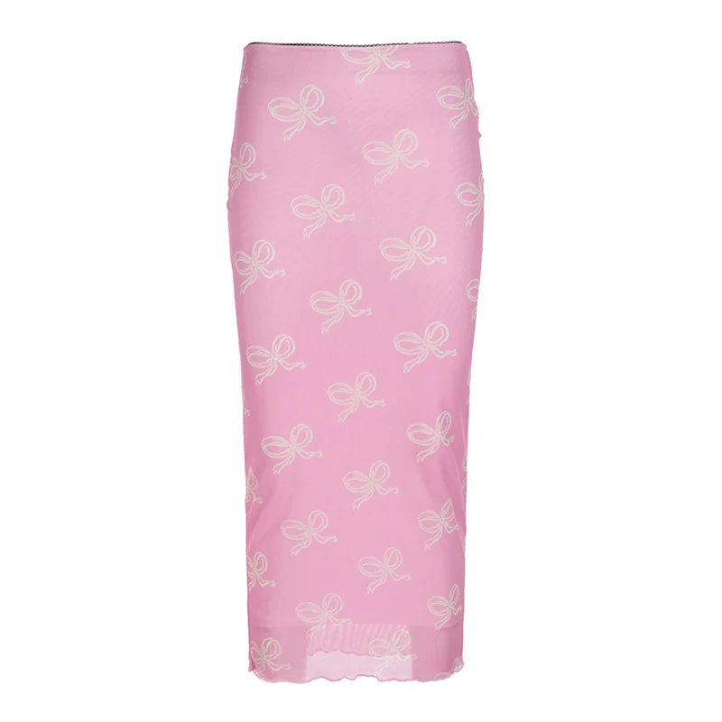Falda Y2K Fairycore para mujer, con estampado de lazo y ribete de encaje, de cintura baja, de malla, ajustada, estilo grunge de los años 2000, para fiestas y ropa de calle.