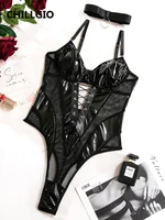 CHILLGIO Women Sexy PU Mesh Strappy Bodysuits Lace-up Tight Catsuits Hollow Slim Rompers Fashion One Piece Combination Oneise