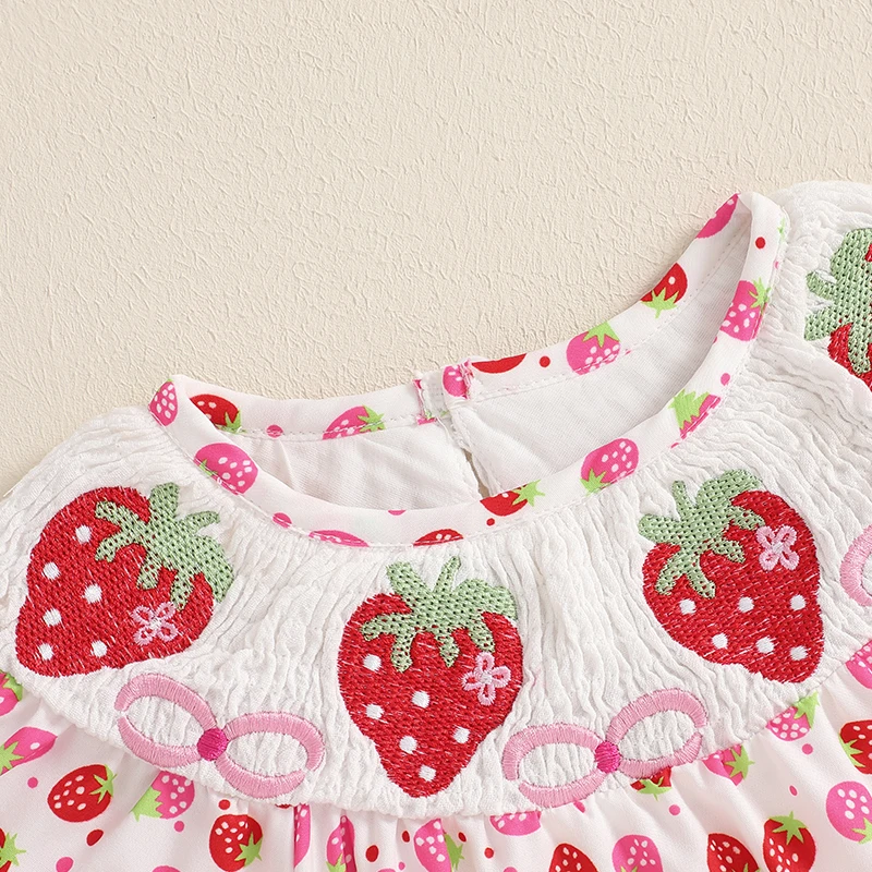 Baby Girl Strawberry Outfit Strawberry Print Smocked Romper Short Sleeve Jumpsuit Birthday Overall Summer Clothes 4