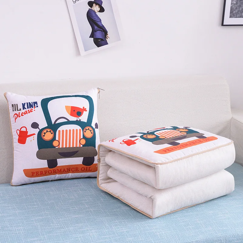 2 In 1 Pillow Travel Quilt Blanket Cartoon Thick Throw Pillow Portable Foldable Air Conditioner Cushion Blanket Car Sofa Office