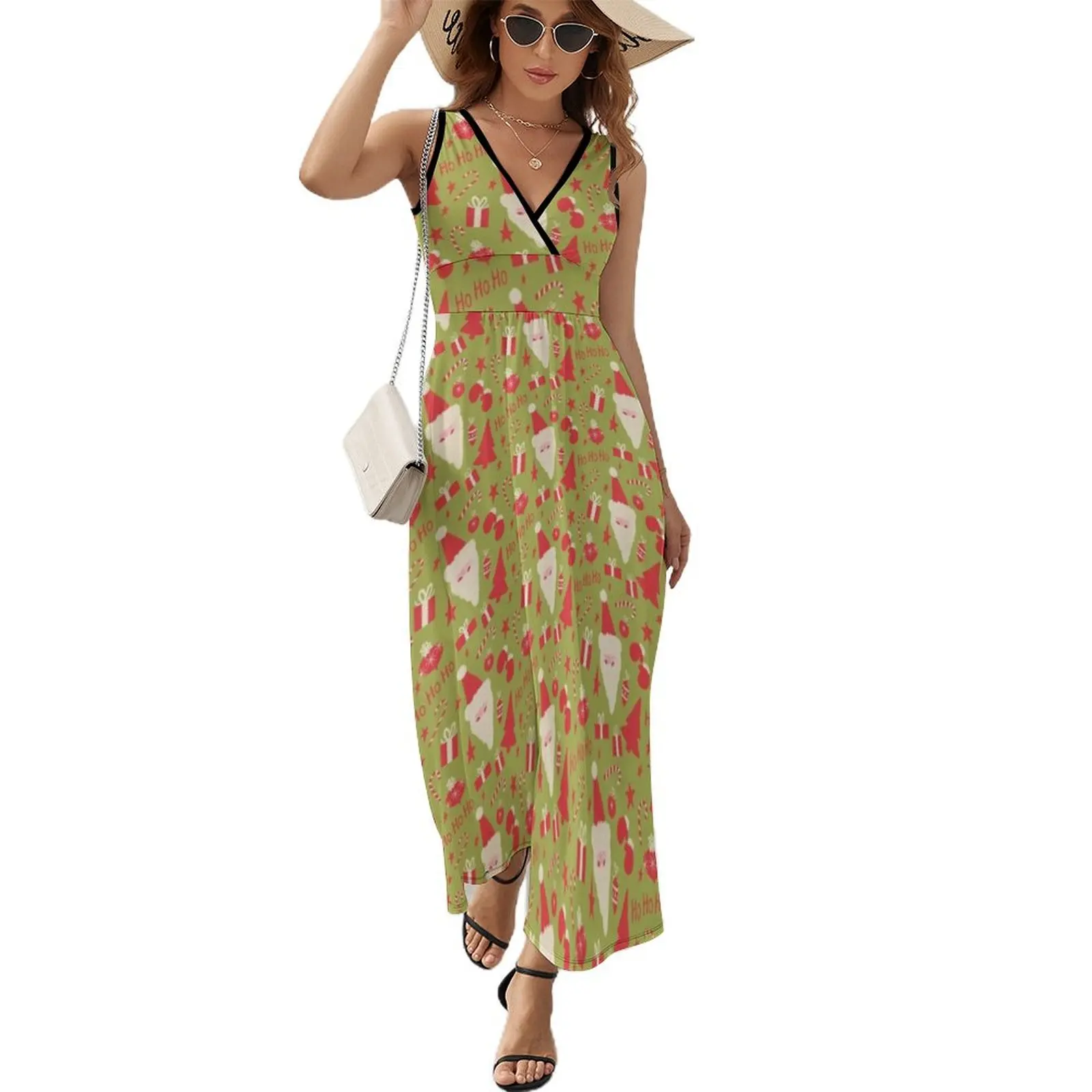 

Red and White Retro Santa Pattern on Green Sleeveless Dress festival outfit women