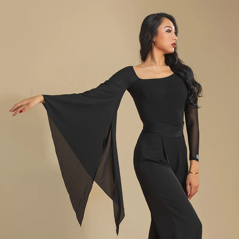 

Fashion Mesh Long Sleeved Latin Dance Tops For Women Sexy Black Blouse Ballroom Dance Performance Costumes Latin Clothes DN13241