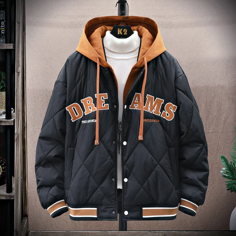Street Style Men Winter Fake Two-Piece Hooded Baseball Clothes Jacket Unisex Parkas Thick Warm Oversize Cotton-Padded Windbreake