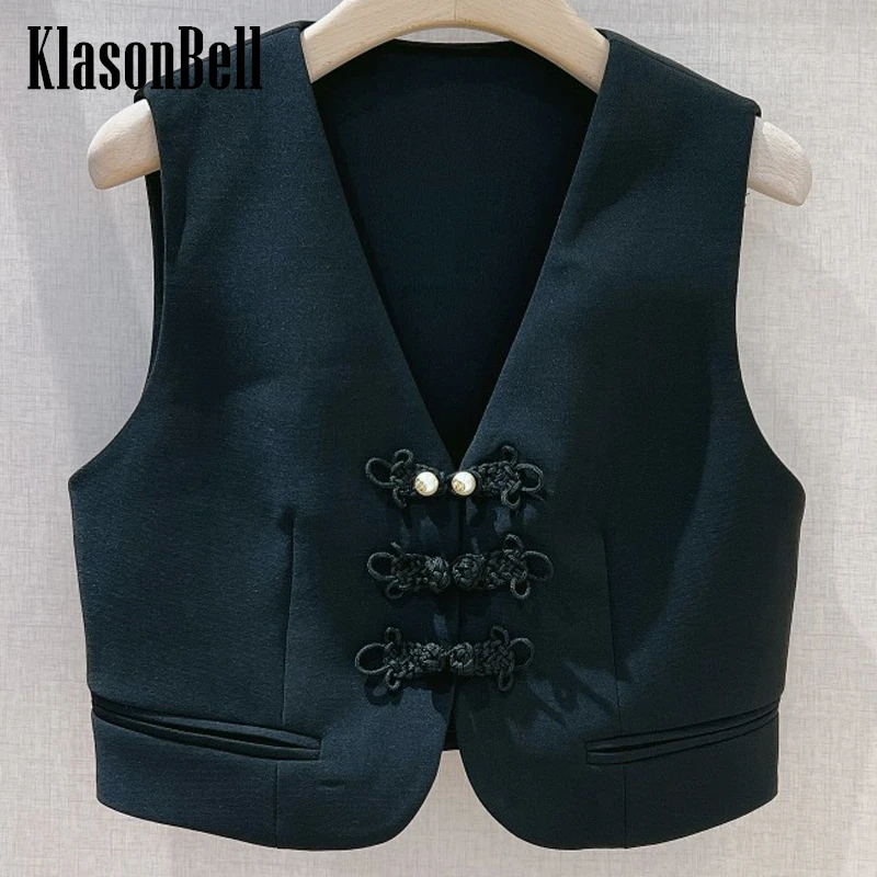 

12.12 KlasonBell Vintage Elegant Pearl Button Fake Pocket Design V-Neck Slim Short Vest Women