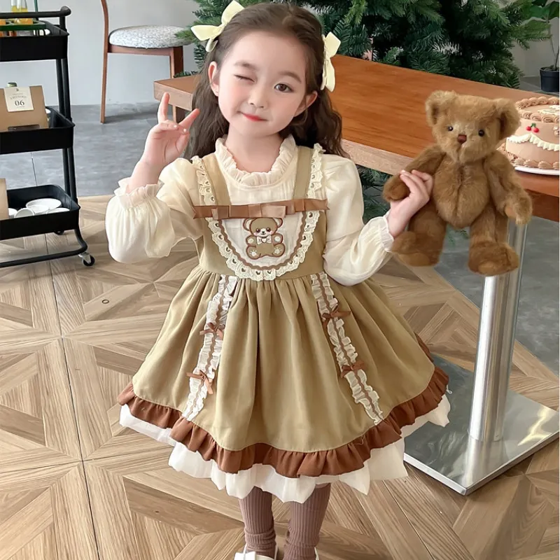 

Baby Girl Lace Lolita Princess Dress Spring Toddler Child Cartoon Bear Vintage Elegant Bow Tutu Vestido Party Baby Clothes 1-10Y