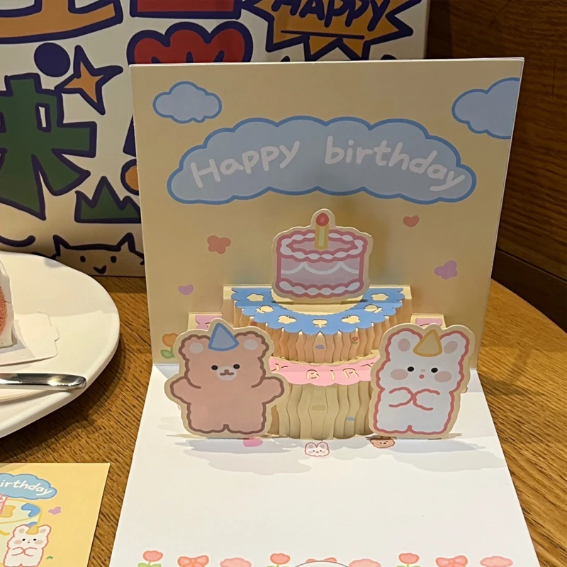 Light Music 3D Greeting Card Pop Up Cartoon Bear Cake Greeting Card Party Gifts Surprise Blessing Envelope Happy Birthday greeting cards