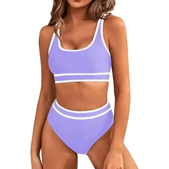 Women'S High Waisted Bikini Sets Two Piece Sporty Swimsuit Solid Color White Edge Design Swimsuit Tops For Women Bathing Suit