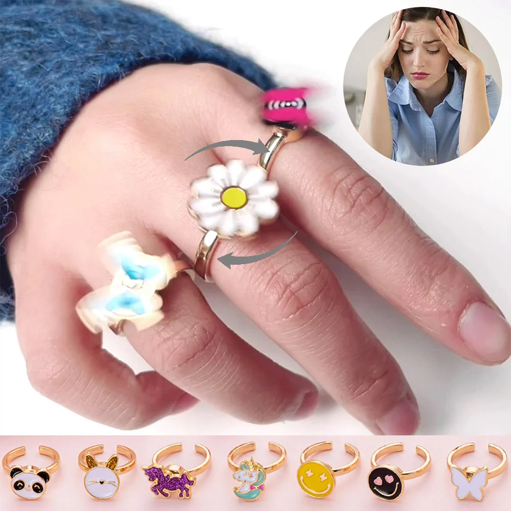 Bague anneau enfant fille femme acier rotative anti-stress lune étoile