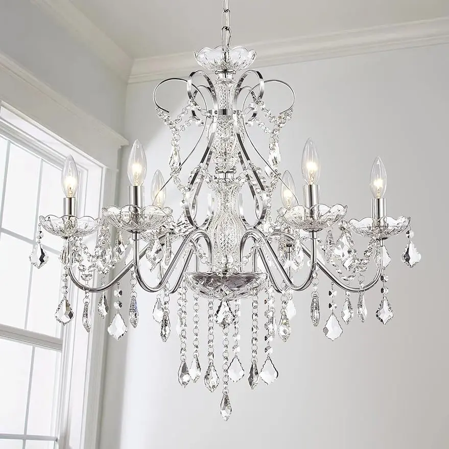 

Saint Mossi Crystal Chandelier Light Fixture Modern Lighting, Crystal Pendant Raindrop Chandelier for Dining H23 x D24, 6-Light