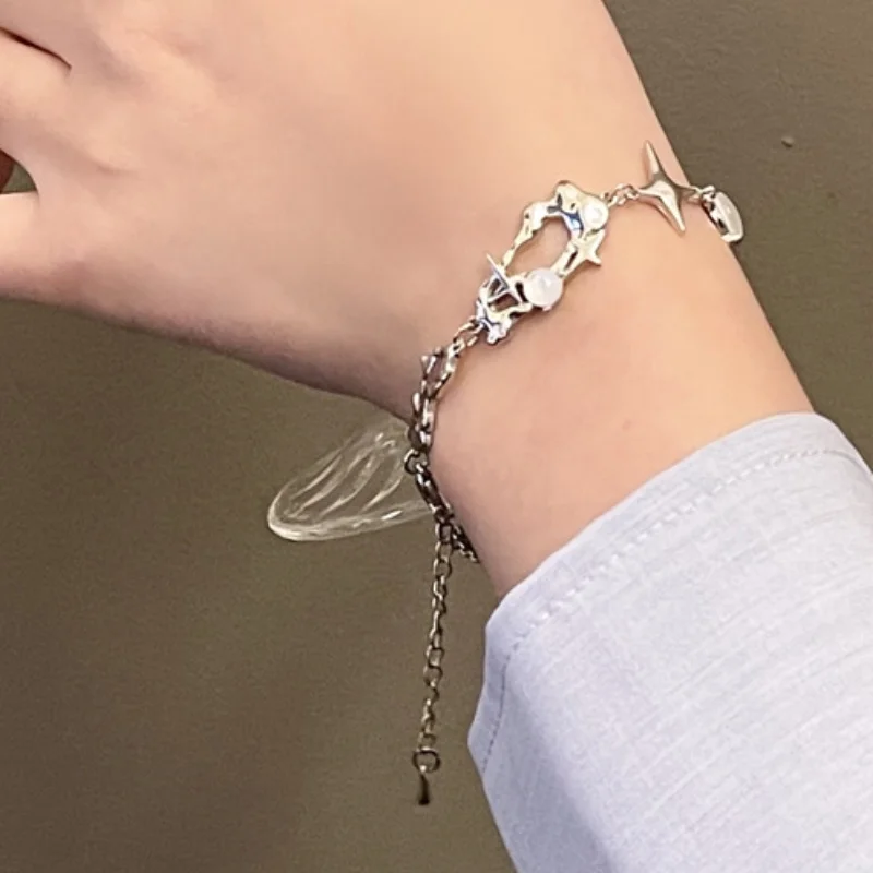 Irregular Hollow Four Pointed Star Design Bracelet for Women Silver Color Trendy Imitation Pearls Chain Bracelets Jewelry