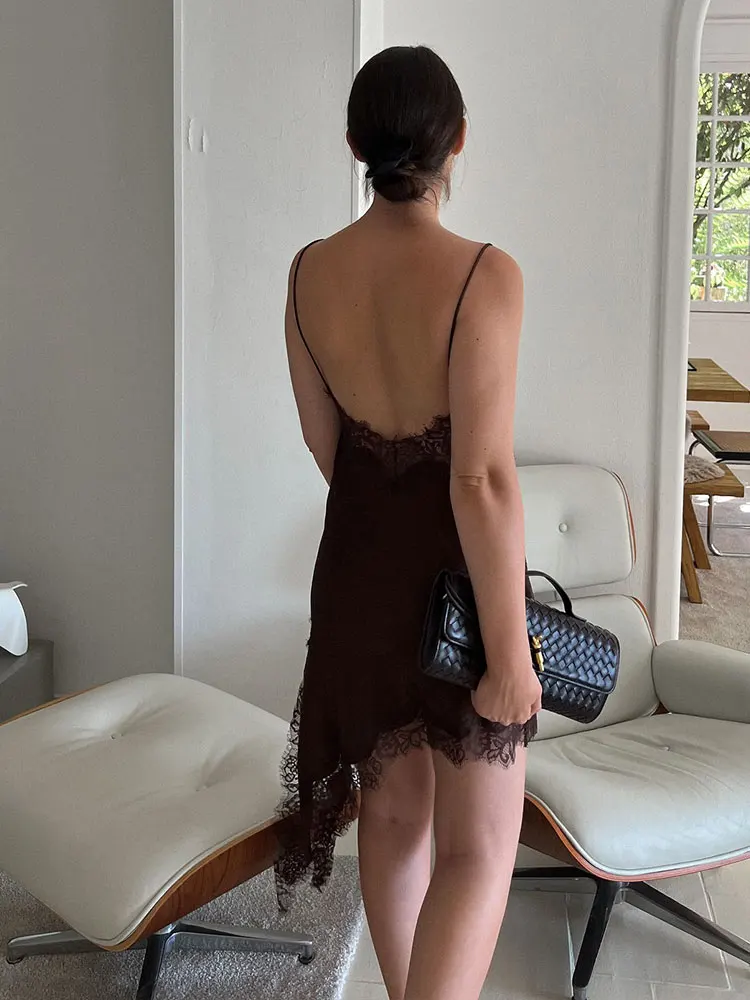 HH Women Sexy Chic Lace Dress Asymmetry Hem Backless Sleeveless V Neck Dresses Woman Elegant Fashion Evening Club Mini Dress