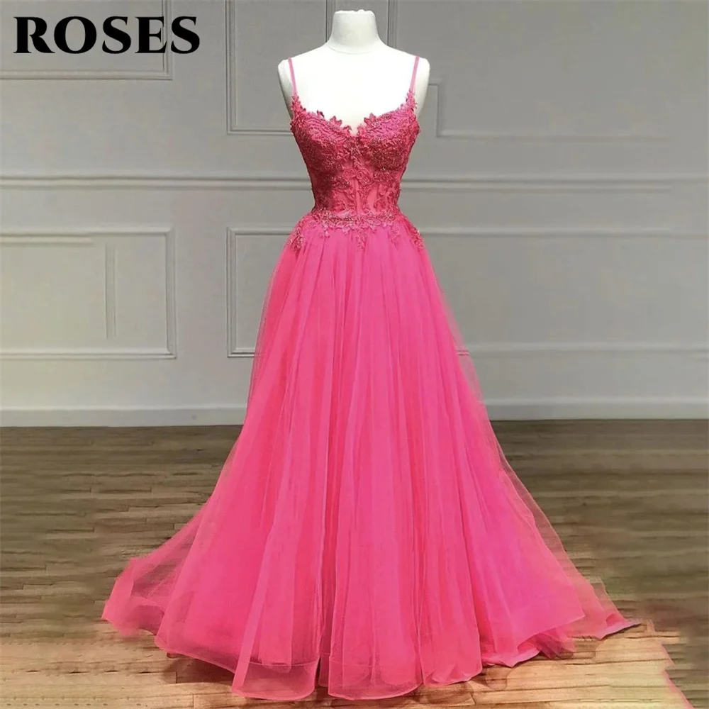 

ROSES Hot Pink Prom Dress For Summer Appliques V Neck فساتين السهرة Spaghetti Strap Party Dresses Net A Line Wedding Darty Dress