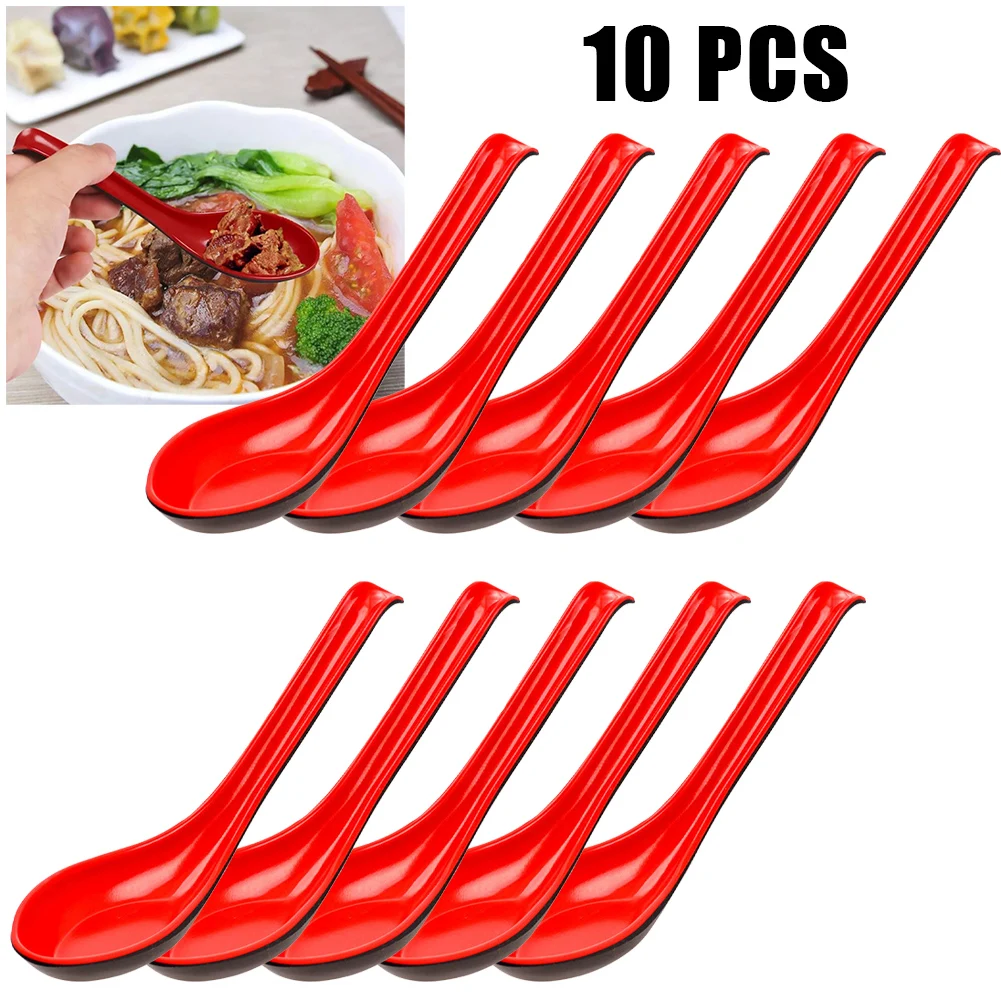 10pcs Plastic Soup Spoons Long Handle Hook Chinese Japanese Ramen