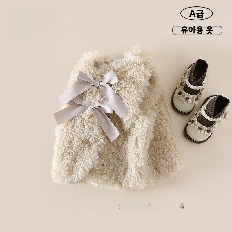 소녀들을 위한 달콤한 나비 매듭 털 조끼  아동 겨울옷 한국 스타일 두꺼운 가을 겨울 아동복