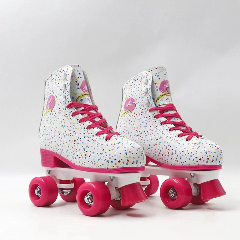 

Double Row Roller Skates Shoes for Girls and Women, Multicolor Spotted, 4 Pink Wheels, Sliding Inline, Quad Skating Sneakers