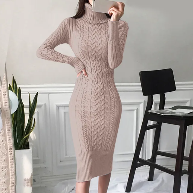 Autumn and Winter Womens Long Sleeve Turtleneck Sweater Dresses Warm Knitted Bodycon Pullovers Jumper Dresses Vestidos Largos 6