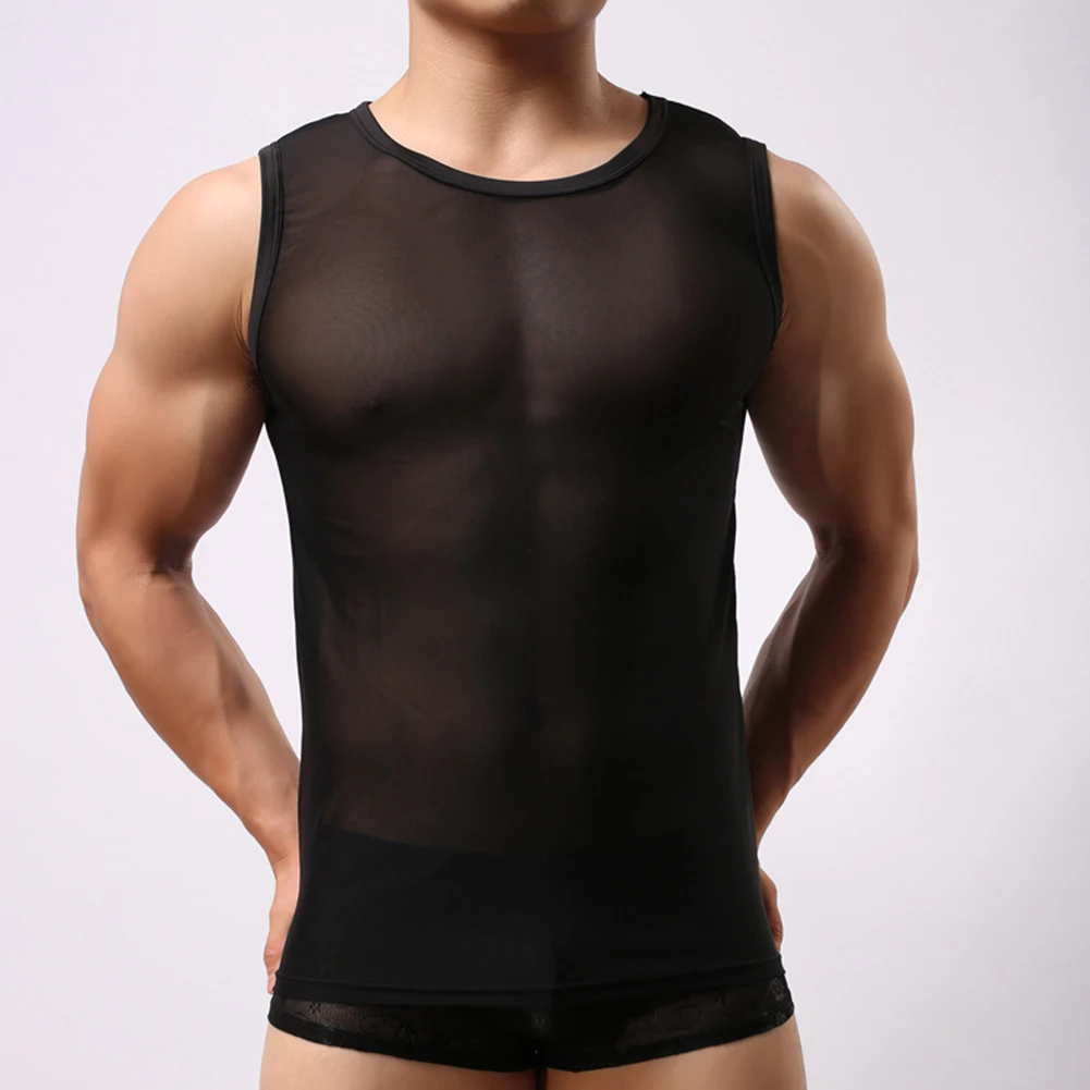 

Mens Sleeveless Mesh Tank Tops See-Through T-Shirt O Neck Workout Gym Muscle Tee