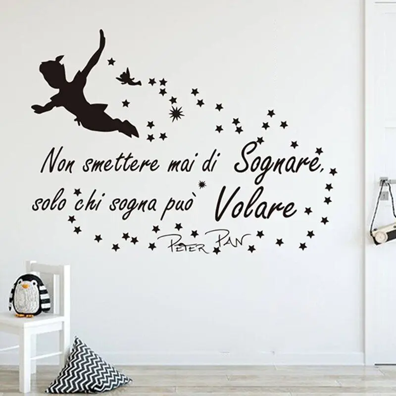 Cartoon Italian Quote Peter Pan Wall Sticker Nursery Kids Room Peter Pan Fly Italian Never Stop Dream Inspiral Quote Wall Decal