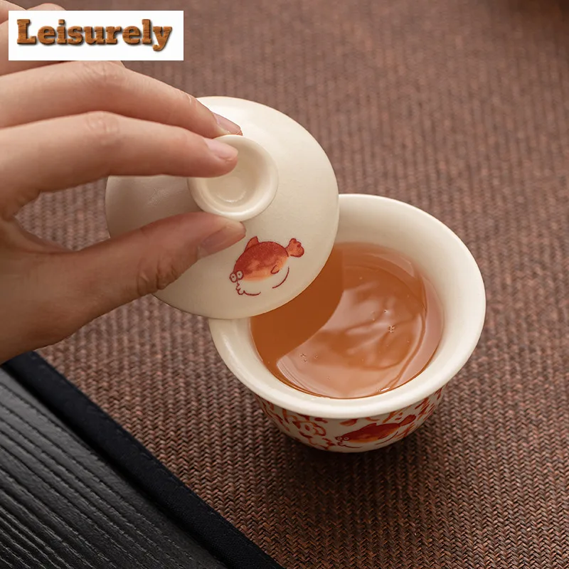 Retro Soda Glazed Fish Poems Gaiwan Japanese Tea Tureen Tea Bowl With Lid Kit Tea Maker Cover Bowl 1 Bowl 3 Cups Kit Teaware