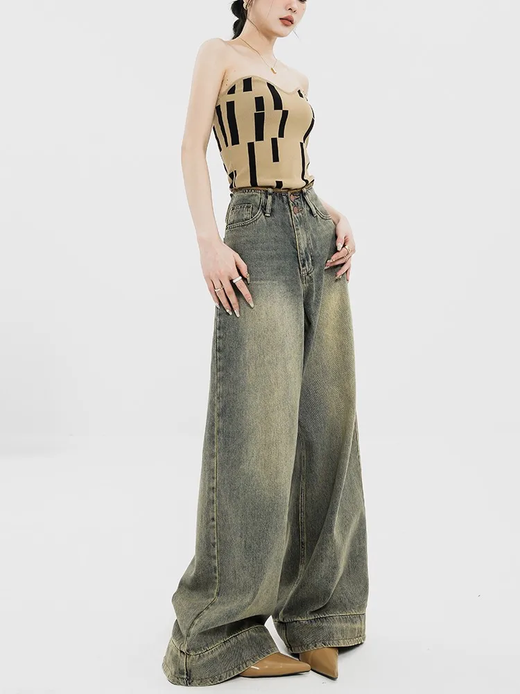 Women Vintage Streetwear Baggy Korean Jeans High Waiste