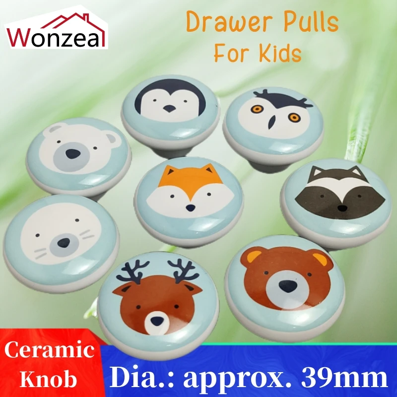 39mm Round Ceramic Single Knobs Fox Animal Furniture Handles for Kids Wardrobe Cupboard Drawer Pulls furniture knobs
