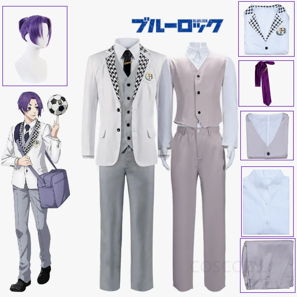 

Anime Blue Lock Mikage Reo Cosplay Costume Team NO.9 Wig School Uniform White Suit Chameleon Football Men Boy Students Dailywear