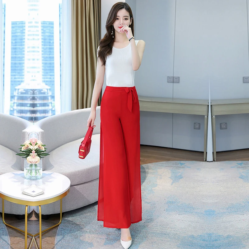 Women'S Summer Double Layered Thin Material Breathable High Waist Loose Casual Chiffon Wide Leg Pants Mom Dance Split Trousers
