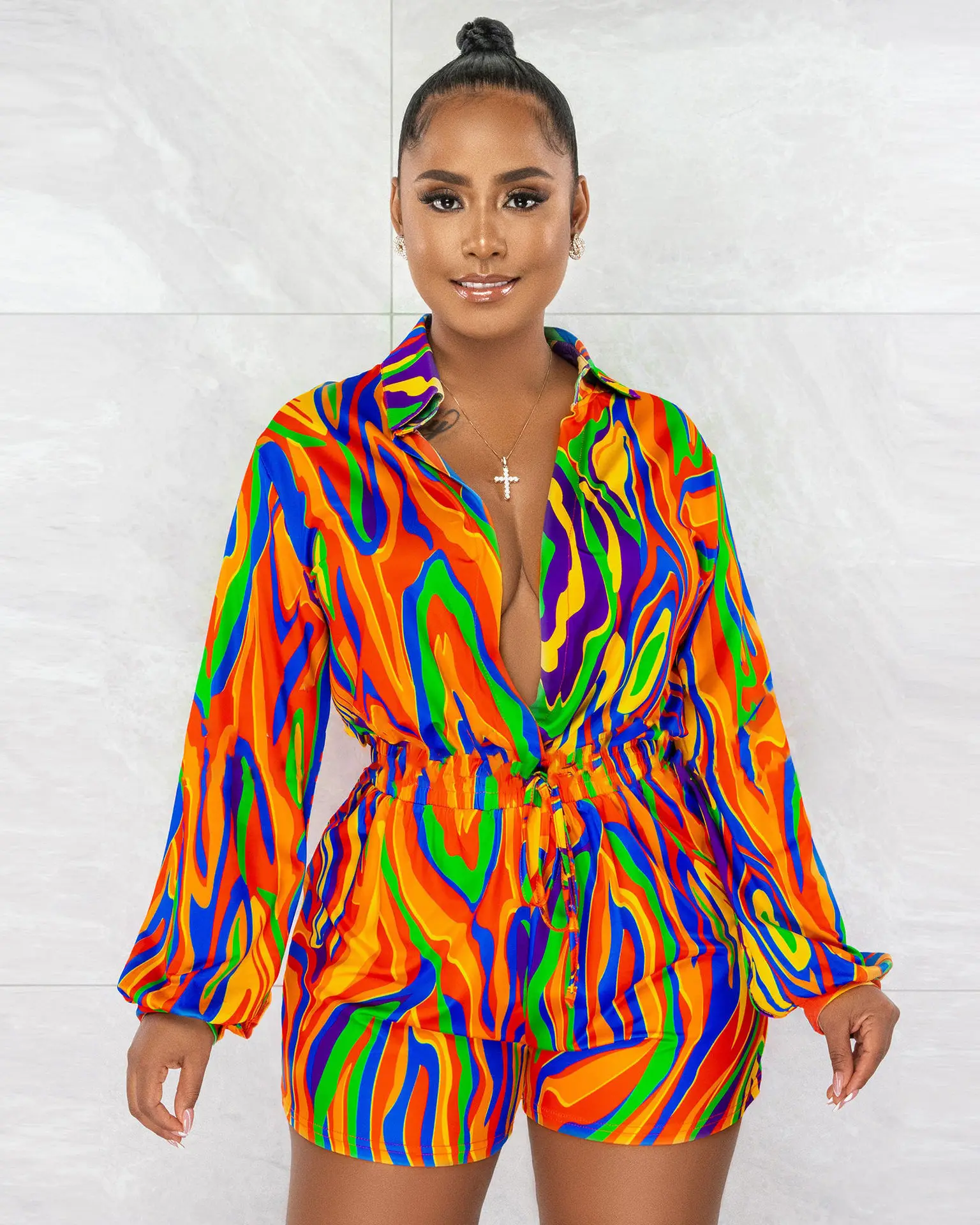 SummerPrintedRomperWomenCasualTurnDownCollarLongSleeveLoose