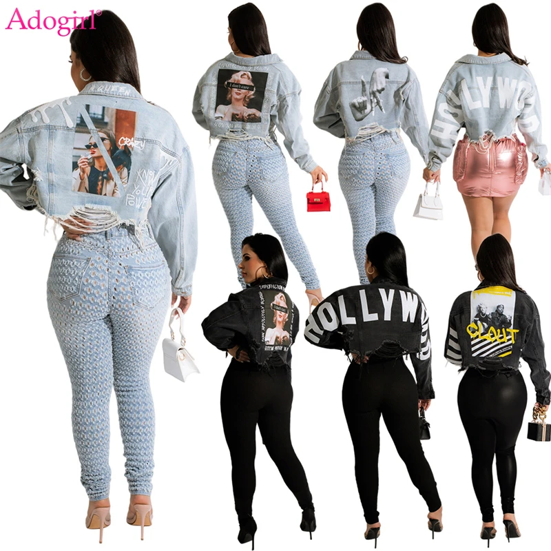 

Adogirl Y2K Letter Print Short Jeans Jacket for Women Vintage Single Breasted Turn Down Collar Pockets Long Sleeve Holes Coat