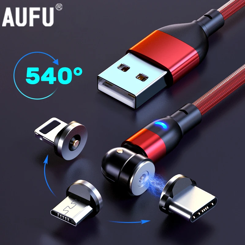 AUFU 540 Degrees Rotating Magnetic Cable Micro USB Type C Phone Cable For iPhone11 Pro XS Max Samsung Xiaomi USB Cord Wire Cable