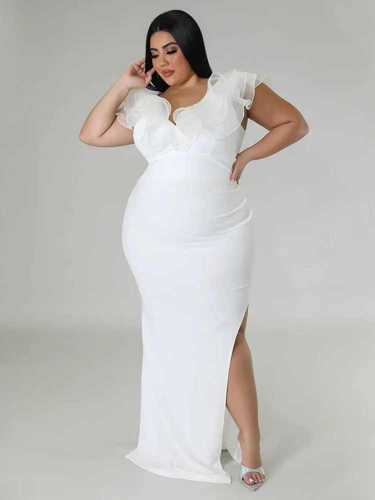 Wmstar Plus Size Party Dresses Women Sexy Petal Collar Elegant Slip Hem Solid Maxi Dress Summer Clothes Wholesale Dropshipping