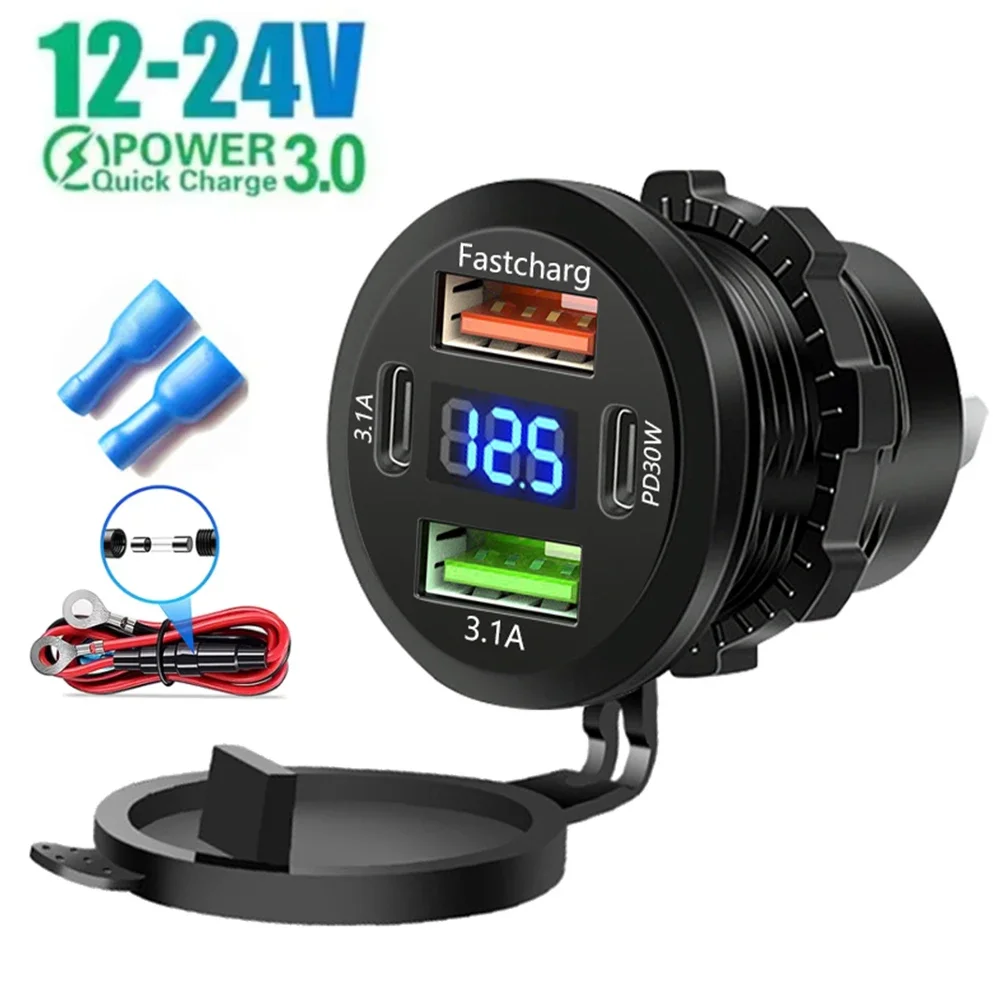 83W Motorcycle Car Charger Socket PD30W Fast Charging 22.5W Dual USB Type C Outlet Phone Power Adapter with Voltmeter Waterproof