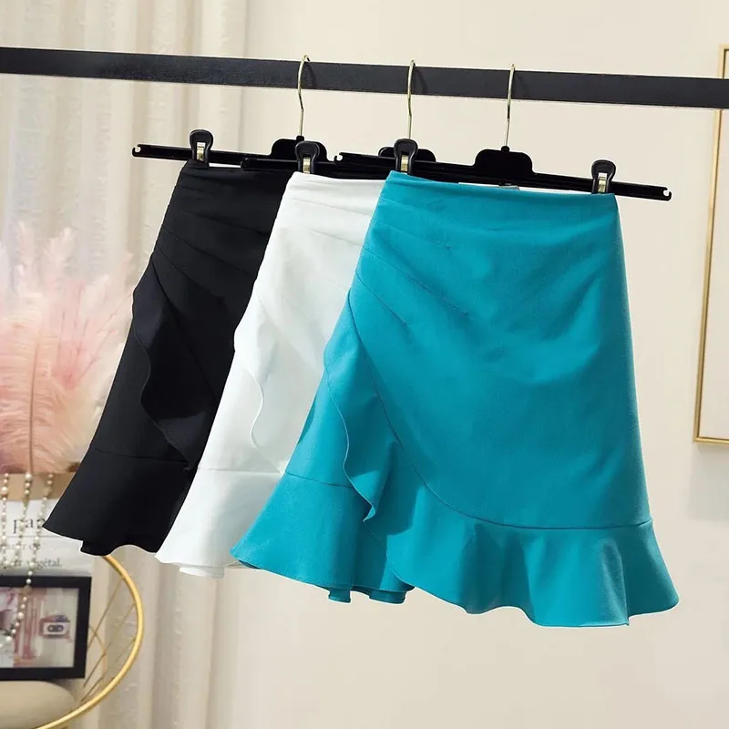 

Sexy Slim Fit Mini Skirts for Women 2023 Summer High Waist Asymmetrical A-Line Skirt Woman Korean Office Ruffles Bag Hip Skirt