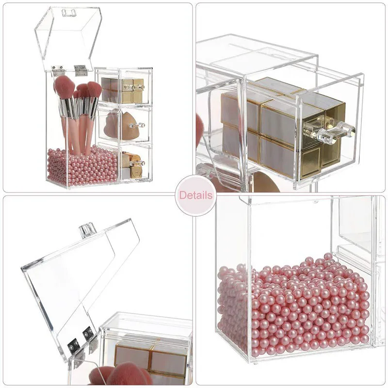 Clear Makeup Brush Organizer, Storage Rack with Drawers, Storage Box with Lid and Pearls for Storing Makeup Tools and Jewelry