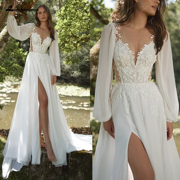 Lakshmigown Chiffon Beach Wedding Dress 2026 Beading Lace Full Sleeves V-neck Appliques Wedding Gown Bridal Gowns Customized 1