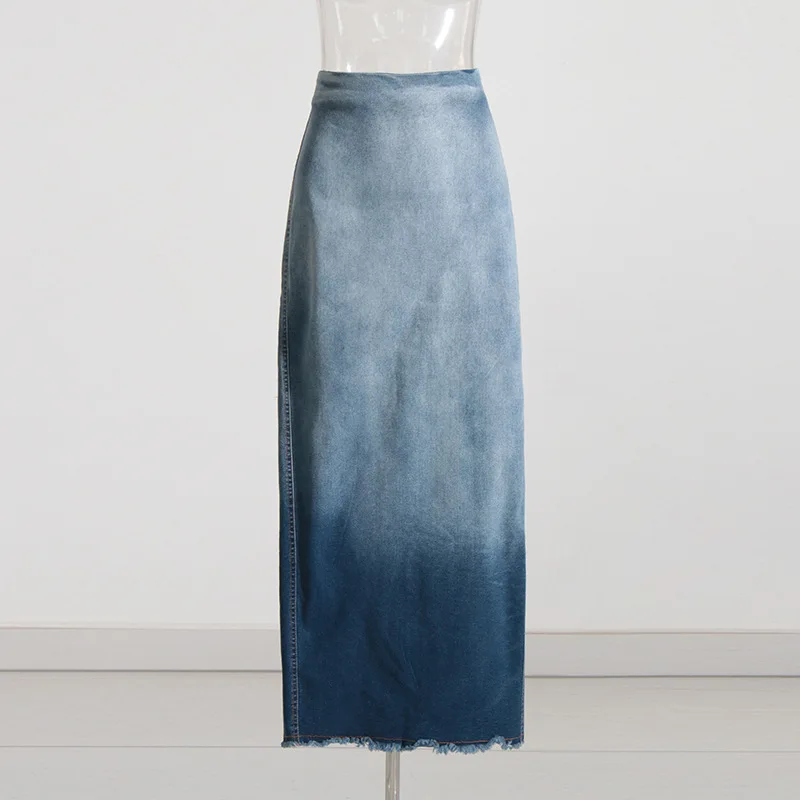 

Fall new gradient color washed raw edge split Spice girl style body wrap hip denim skirt