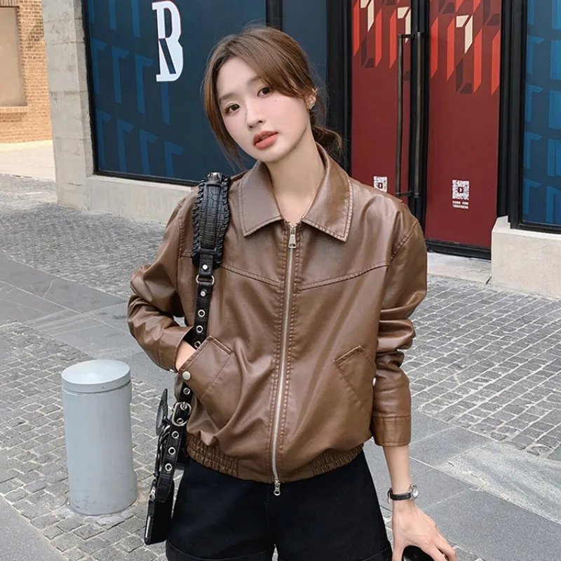 Brown Leather Jacket Short Motorcycle PU Leather Casual and Fashionable Loose Fitting Jacket