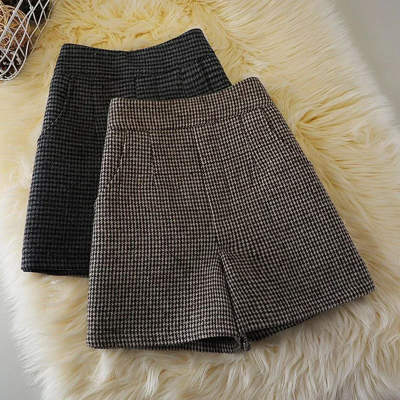 

Houndstooth Woolen Wide-Leg Shorts Woman Autum Winter High Waist Pocket A- Line Large Casual Fashion Plaid Shorts Femme P552