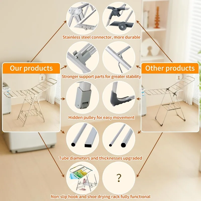 Foldable Clothes Drying Rack has 21 Rods, Non-Slip Buckle, Shoe Rack and Wheels ，Stainless Steel Laundry Drying Rack 6
