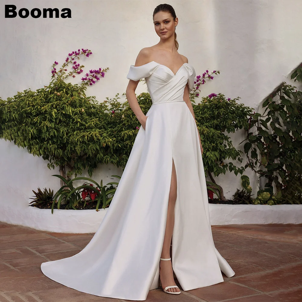 

Booma Elegant A-Line Wedding Dresses for Women Off Shoulder Pleat Stain Bridals Evening Dress High Leg Slit Bridals Gowns