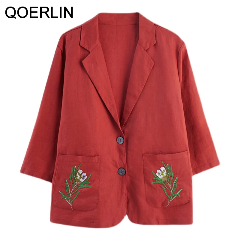 QOERLIN M-XXL Linen Oversize Blazer Office Fashion Embroidered Floral Jacket Pocket Single-Breasted Notched Collar Suit Coat
