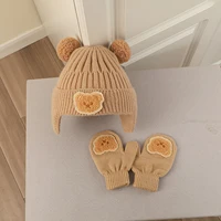 Cute Bear Pompom Baby Hats Gloves Set Cartoon Winter Knit Beanie and Mittens for Girls Boy Crochet Weather Caps Baby Accessories 2