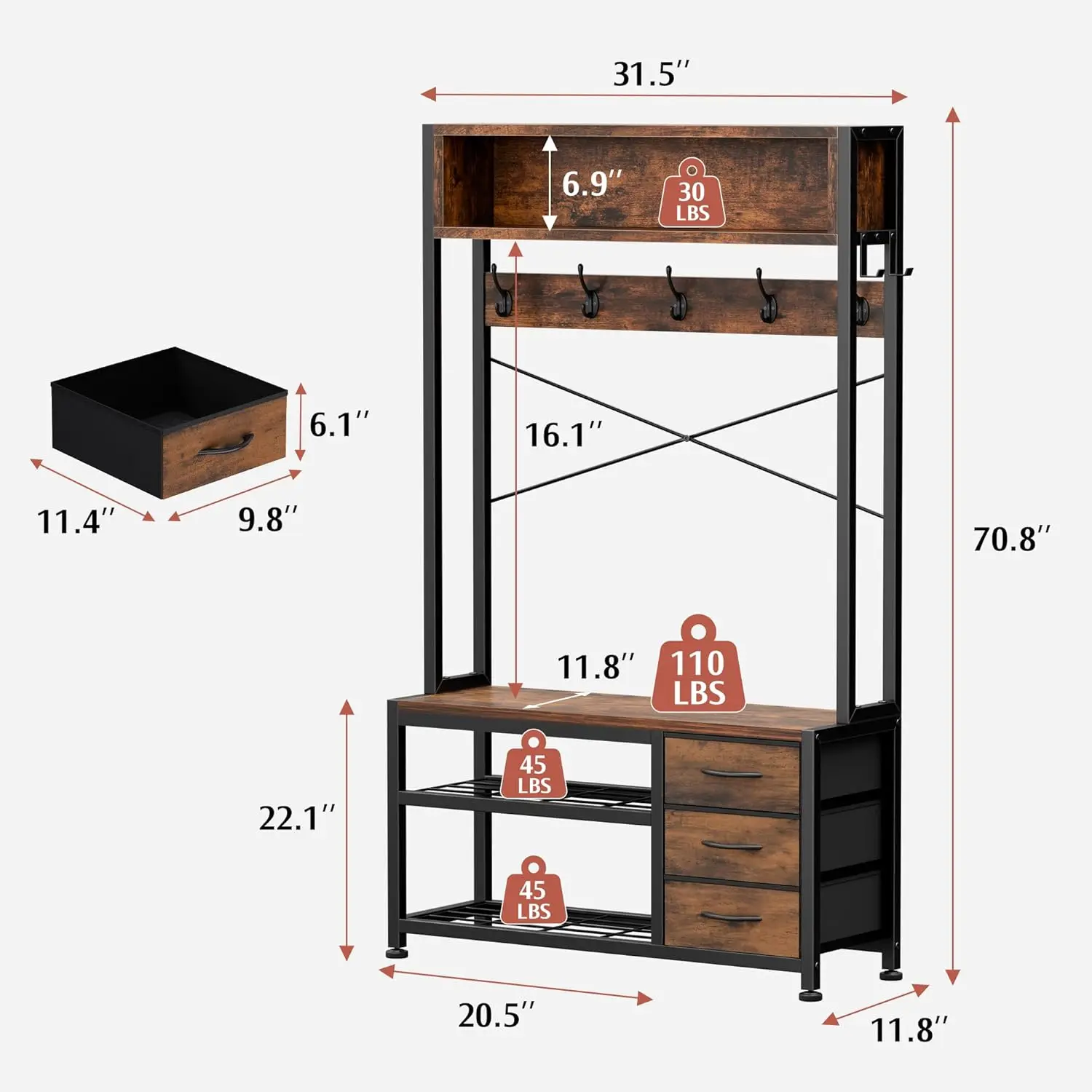 Hall Tree with Bench. Shoe Storage. 31.5" Coat Rack. Freestanding. 2-Tier Shelf. 12 Hooks, 3 Drawers. Rustic Brown.
