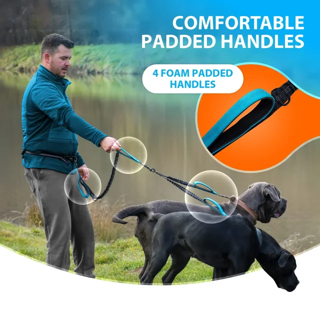 Two dog leashes with thickened handles, reflective strips for outdoor sports, suitable for medium to large dogs, dual-head leash 4