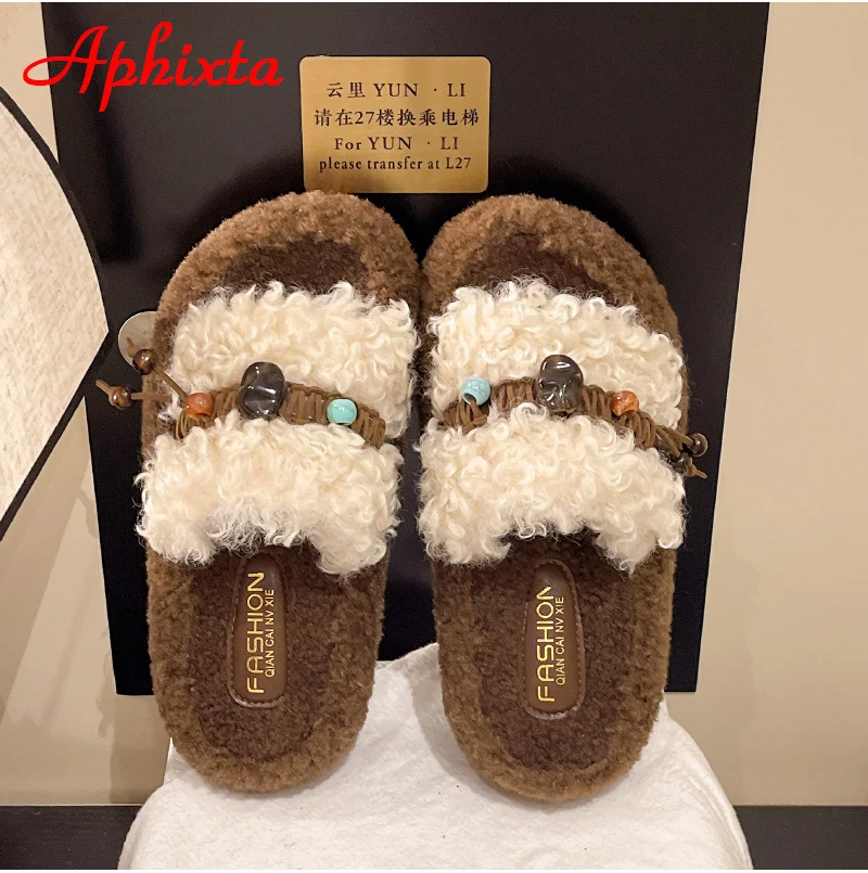 Aphixta Platform String Bead Women Warm Cotton Fur Slippers 4.5cm Flat With Teddy With Curly Fur Open Toe Slip On Ladies Shoes