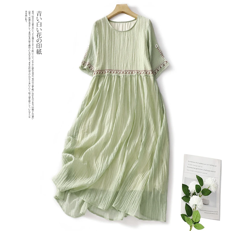 

Women Cotton Linen Ramie Embroidery Retro Style Solid Color Loose Long Dress Casual Streetwear