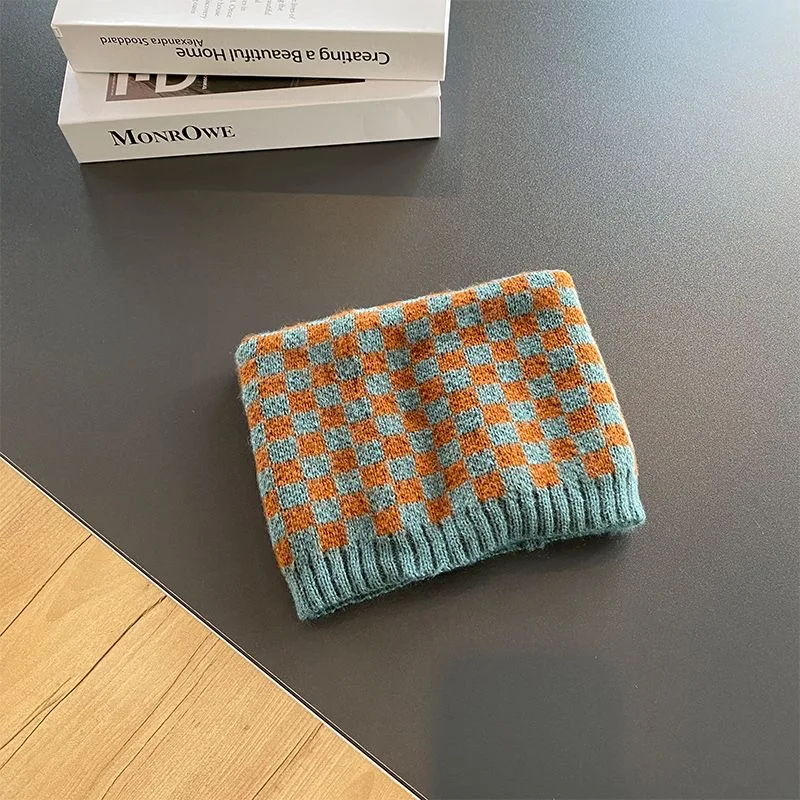 Children's check autumn and winter Korean simple scarf retro boys and girls knit double layer warm