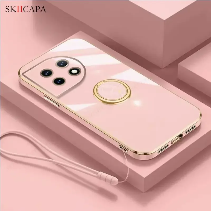 Enhanced Plating Silicone Lanyard Phone Case with Ring Holder - Soft Back Cover