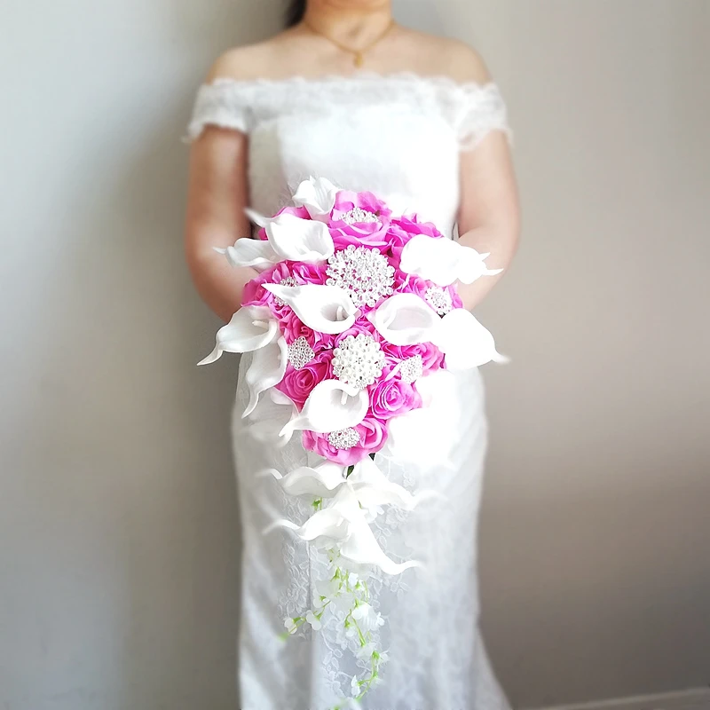 2023 Nuovo Roland Wb23016 Bouquet Da Sposa Rugosa Rose Con Perle In Lega Calla Bianche Cascata Fiori Da Sposa Accessori Da Sposa