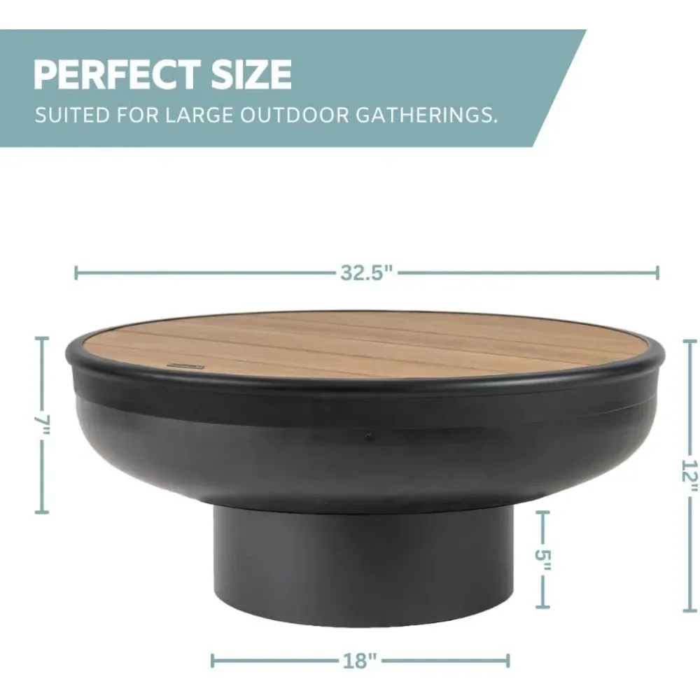 32 Inch Cast Iron Circular Fire Pit Table with Fire Pit Grill, Wood Burning on Outdoor Terrace